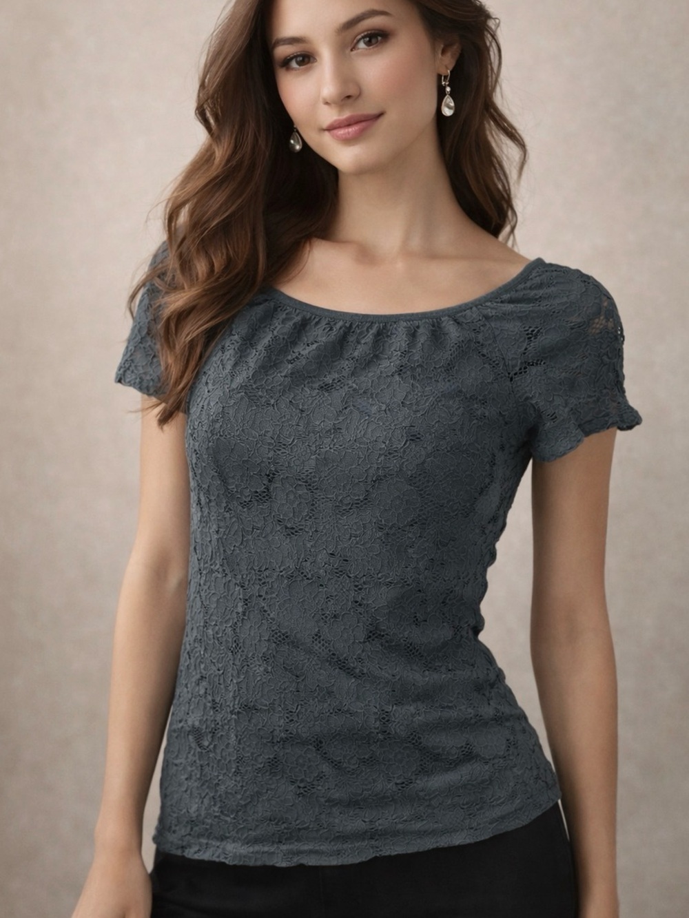 tokyo Darling Dark Gray Lace Scoop-Neck Short-Sleeve Top